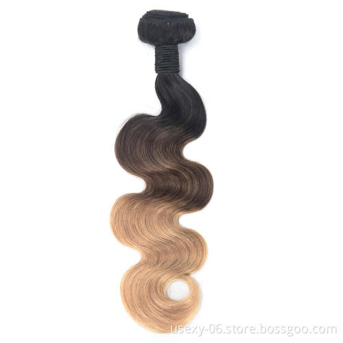 Human Hair Dubai Wholesale Market Three Tone Ombre 1B/4/27# Indian Temple Hair Blonde Hair Body Wave Bundles